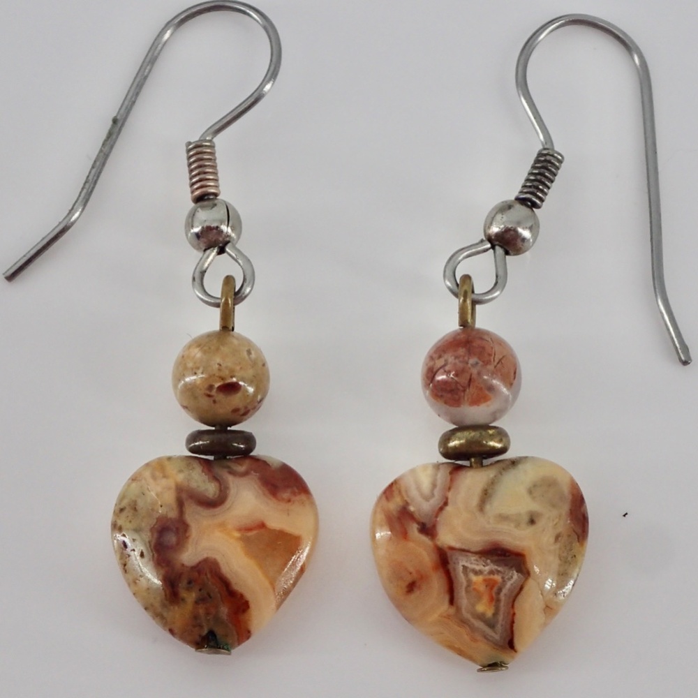 Marble Stone Heart Brown Dangle Silver Hook Earrings 1.5"